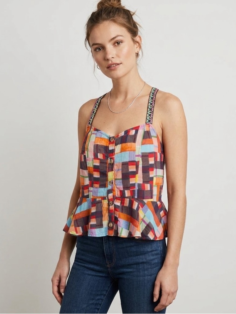 Anthropologie Pilcro Abstract Patchwork Peplum Cami Tank Top Embroidered